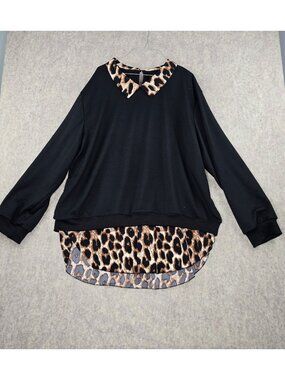 Black Long Sleeve Top With Leopard Print Collar & Hem Women’s 5XL Polyester Casu